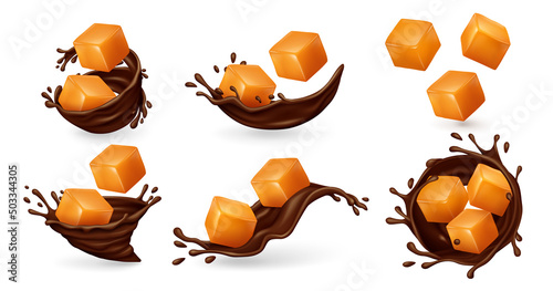 Square caramel candies in chocolate splashes on white background. Realistic vector illustration.