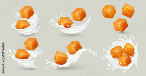 Square caramel candies in milk splashes on gray background. Realistic vector illustration.