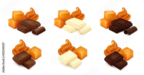 Soft caramel and square toffee candies with different types of chocolate (white, milk, dark). Side view. Realistic vector illustration. 