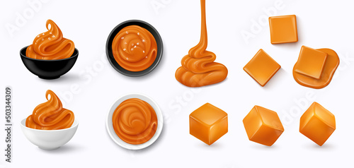 Soft caramel in a black or white bowl (salted, unsalted), pouring sauce, flying, lying down and melting square toffee candies. Top, side view. Realistic vector illustration. 