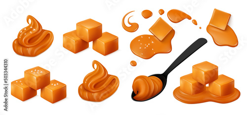 Soft caramel, square toffee candies, sauce. Salted, unsalted, melting or in a black spoon. Realistic vector illustration. Top, side view. 