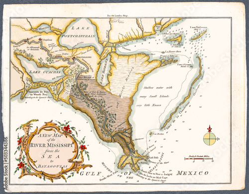 Restored reproduction on a 1761 map. Note old spelling of Mississippi.  Cartouche shows head of a man and ornamentation. Map shows many geographic features. The original was probably hand colored.