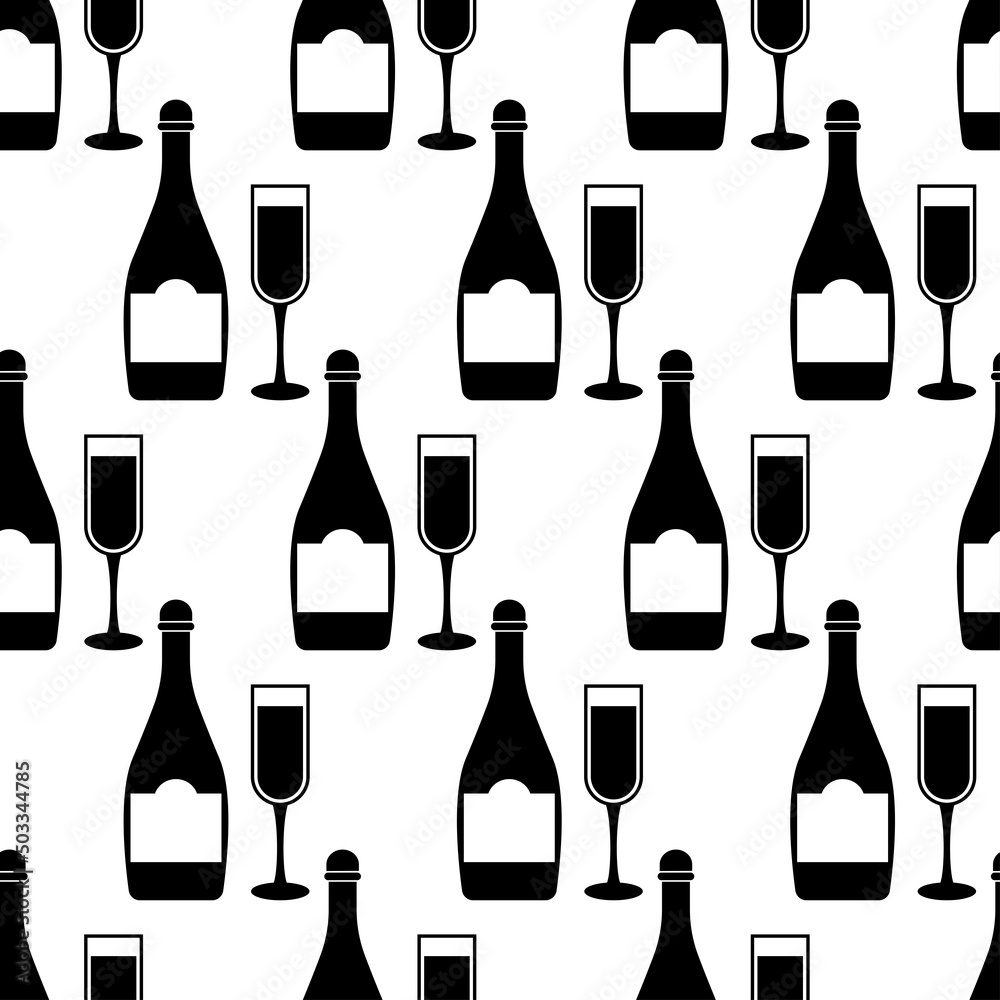 Seamless pattern with wineglases and botlle. Black flat icon alcohol drinks on white background. Modern design for print on fabric, wrapping paper, wallpaper, packaging.Vector illustration Seamless pattern with wineglases and botlle. Black flat icon alcohol drinks on white background. Modern design for print on fabric, wrapping paper, wallpaper, packaging.Vector illustration