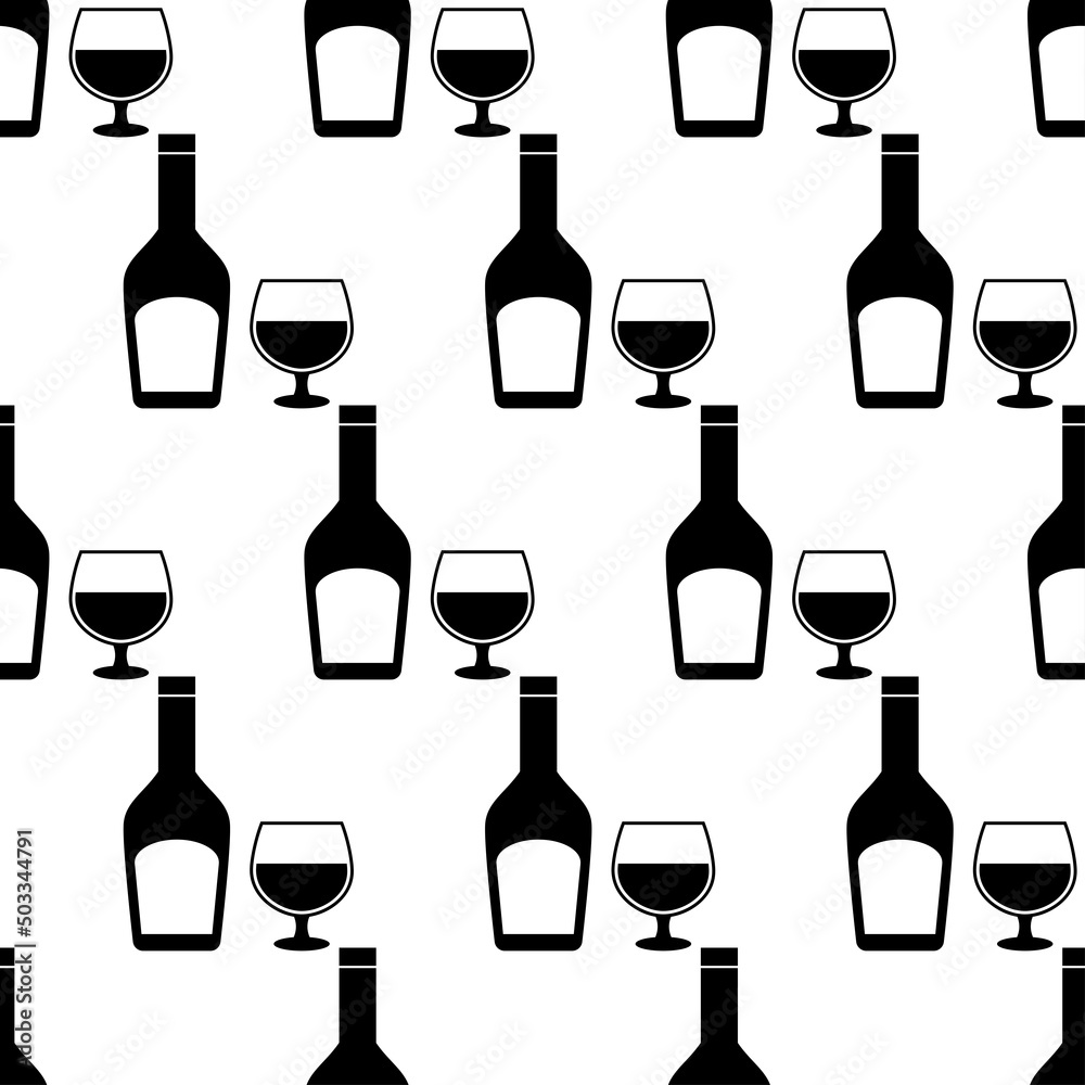 Seamless pattern with wineglases and botlle. Black flat icon alcohol drinks on white background. Modern design for print on fabric, wrapping paper, wallpaper, packaging.Vector illustration Seamless pattern with wineglases and botlle. Black flat icon alcohol drinks on white background. Modern design for print on fabric, wrapping paper, wallpaper, packaging.Vector illustration