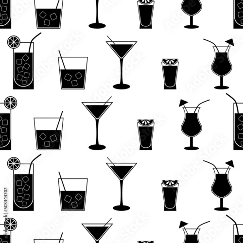 Seamless pattern with set cocktail. Black flat icon cocktail on white background. Icon alcohol drink. Modern design for print on fabric, wrapping paper, wallpaper, packaging. Vector illustration