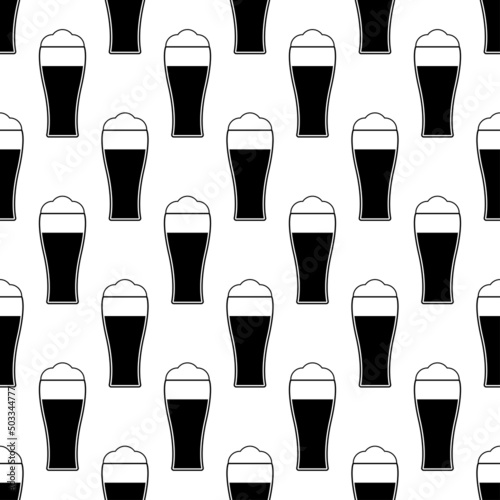 Seamless pattern with glass of beer. Black flat icon pint on white background. Icon beer mug. Modern design for print on fabric, wrapping paper, wallpaper, packaging. Vector illustration