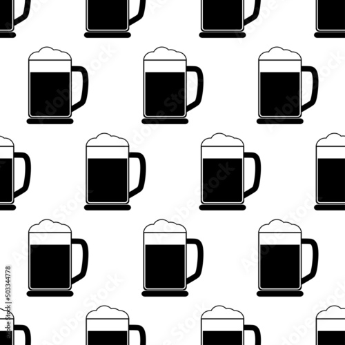 Seamless pattern with glass of beer. Black flat icon pint on white background. Icon beer mug. Modern design for print on fabric, wrapping paper, wallpaper, packaging. Vector illustration