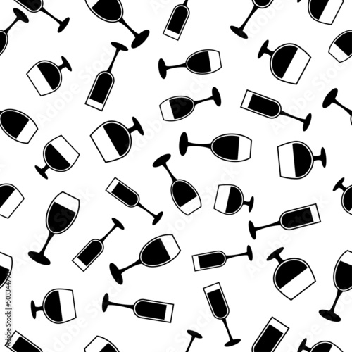 Seamless pattern with set wineglases. Black flat icon glass of champagne, whiskey, wine on white background. Modern design for print on fabric, wrapping paper, wallpaper, packaging.Vector illustration