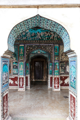 Rich decorated hall inside of Bundi palace in Rajasthan, India, Asia