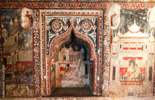 Rich decorated hall inside of Bundi palace in Rajasthan, India, Asia