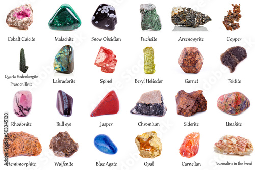 beautiful collection of geological minerals on a white background