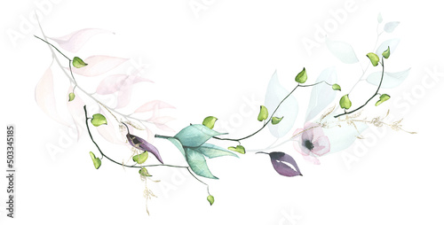 Watercolor arrangement with blue, green, turquoise, violet, pink flowers, branches, leaves, gold dust graphic elements.