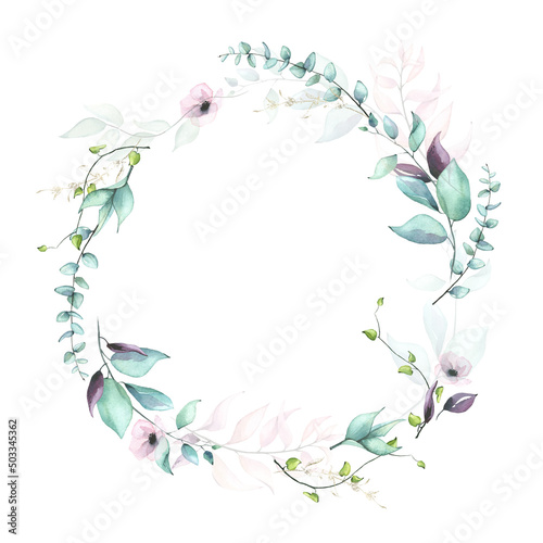 Watercolor frame with blue  green  turquoise  violet  pink flowers  branches  leaves  eucalyptus twigs.