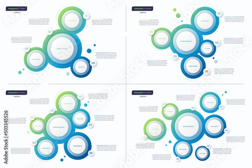 Abstract vector gradient minimalistic infographic templates composed of 4 5 6 7 circles