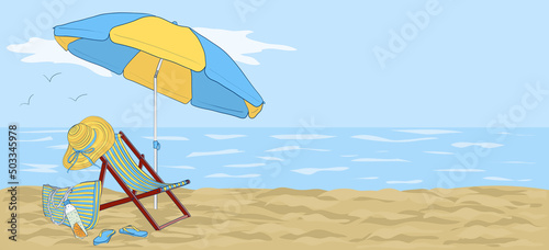 Сhaise-longue on the beach under an umbrella against the background of the sea or ocean. Vacation illustration by the sea.