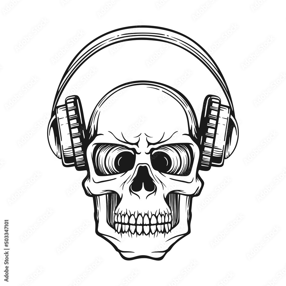 Black and white sketch of skull human in headphones vector Stock Vector ...