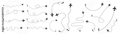 Airplane routes on white background. Romantic travel concept. Airplane line path, vector icon of air plane flight route on white background. Vector illustration.