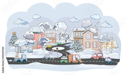 Cartoon Christmas winter little fantasy town, cute vector cityscape hand painted illustration. EPS