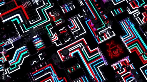 High Angle View of illuminated Circuit Board with a Bug Icon 3D Rendering