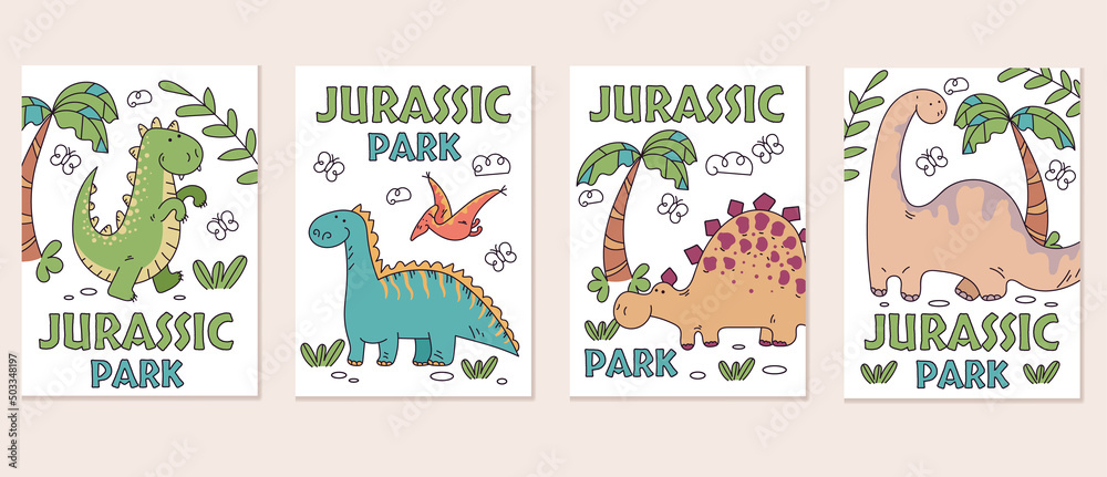 Jurassic dinosaur greeting print card cover concept set. Vector flat cartoon graphic design illustration