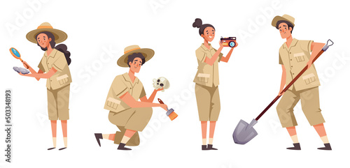 Archeologist people man woman characters concept set. Vector flat cartoon graphic design illustration