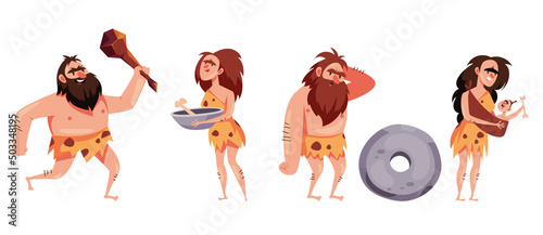 Cave people characters tribe life isolated set. Vector flat cartoon graphic design illustration