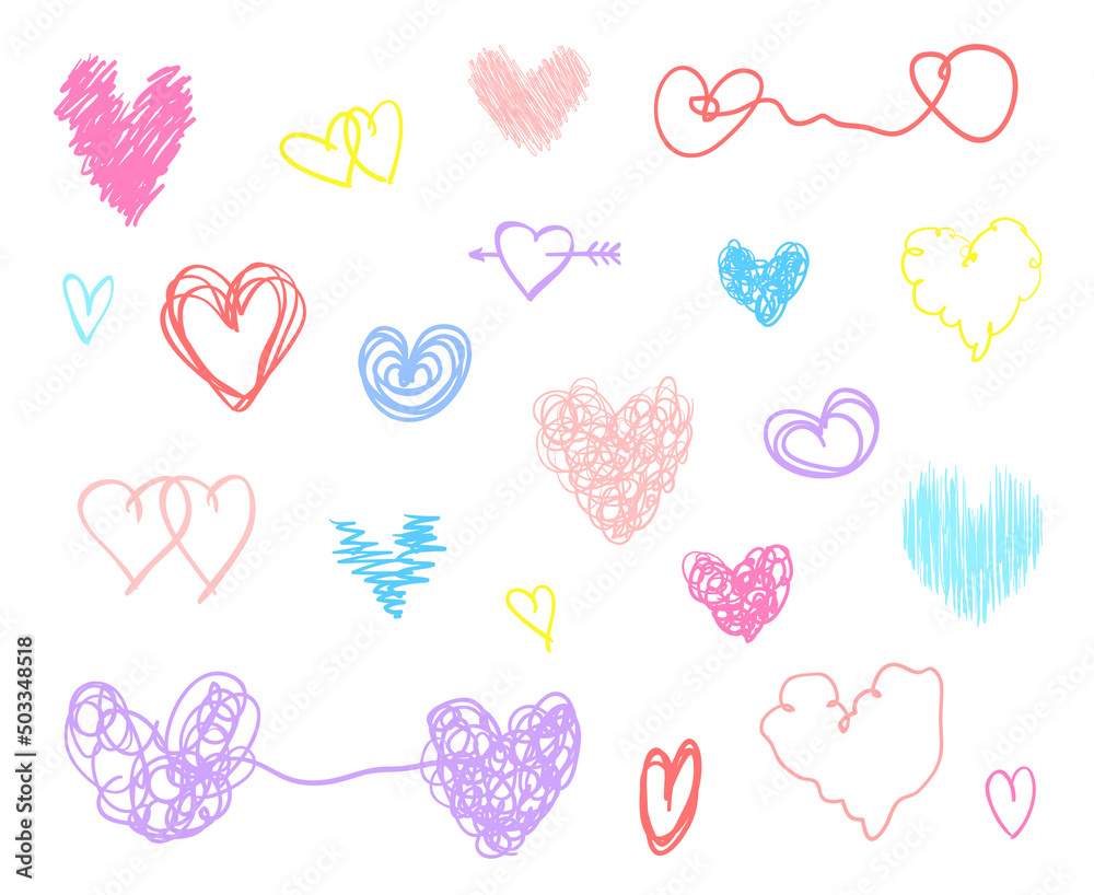 Hand drawn hearts on isolated white background. Set of love signs. Unique illustration for design. Line art creation. Colored illustration. Elements for poster or flyer