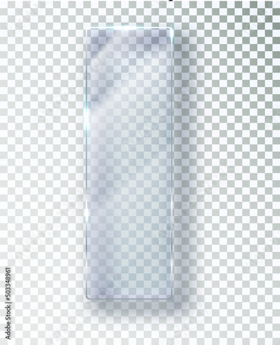 Glass plate on a transparent background. glass with glare and light. Realistic transparent glass window in a rectangular frame.