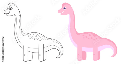Coloring page outline of cute Brachiosaurus. Cartoon vector dinosaur. Simple flat illustration. Coloring book for children.