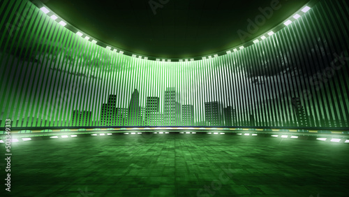 Dark green, virtual studio backdrop, with spotlights. ideal for tv shows, tech infomercials or launch events. 3D rendering backdrop suitable on VR tracking system, stage sets, with green screen