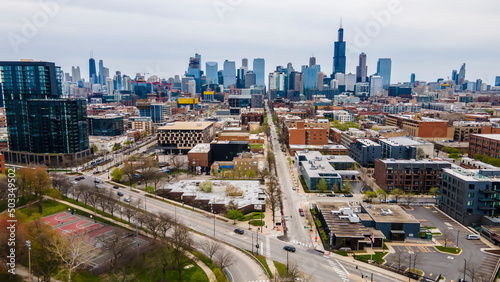 aerial drone shot of Chicago urban city area. the aerial photography of the city is beautiful with skyscrapers and clouds 