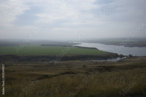 view on panorama of the Volga river. landscape with green hills and a river. Ulyanovsk Russia.