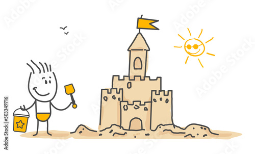 Stick figures. Hello summer. Sand castle. Stickman build a sand castle on the beach. Building a sand castle.