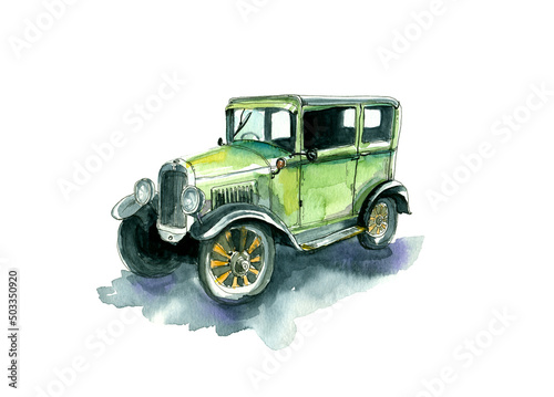 Vintage watercolor green car  hand draw llustration of old retro car on a white background
