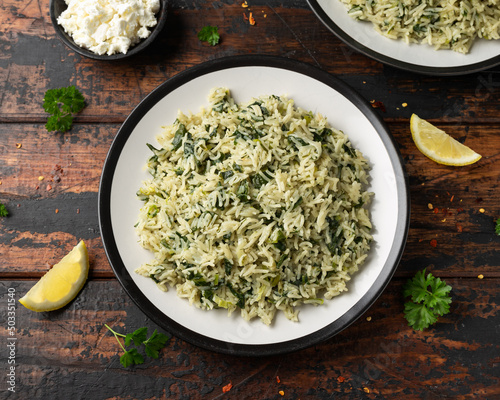 Photography Spanakorizo, greek spinach rice. Healthy vegetarian food.