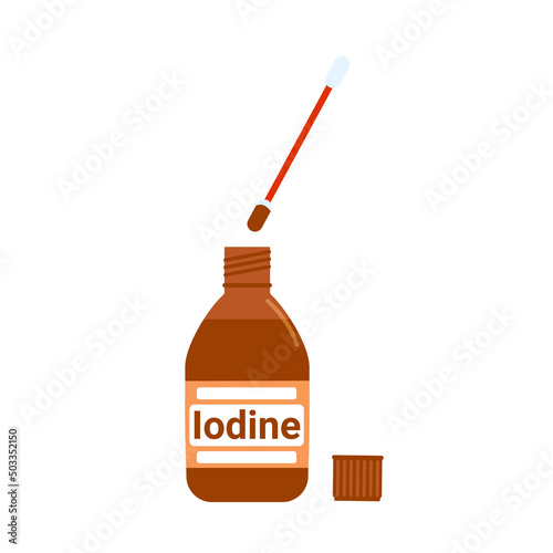 Open bottle of iodine with a cotton swab for treating wounds