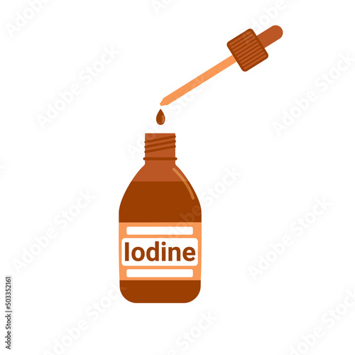 Open bottle of iodine with a pipette and a drop. First aid medicine