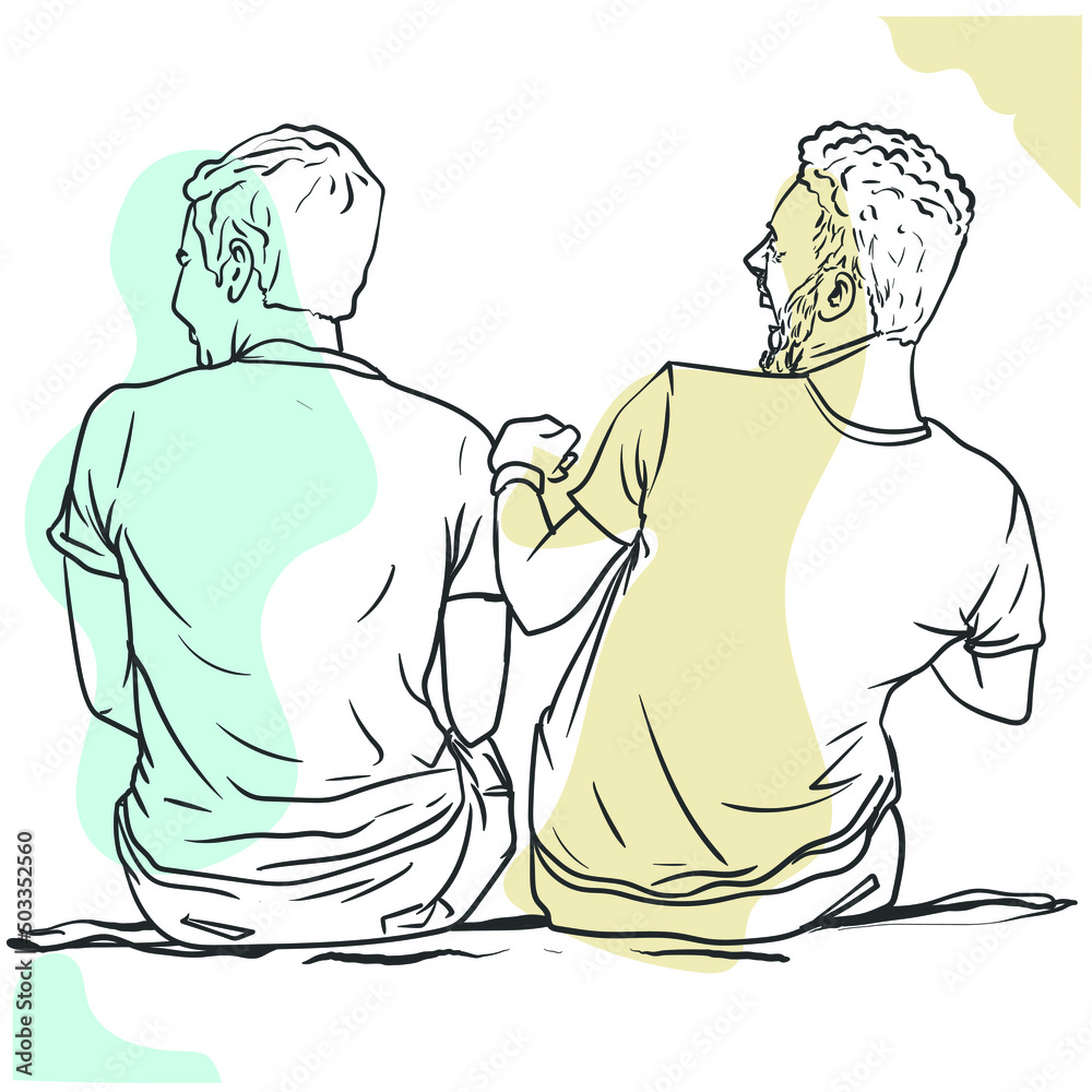 Fototapeta premium Two friends laughing, talking, hanging out together outside, sitting backward on the ground, simple line art hand drawn vector color illustration