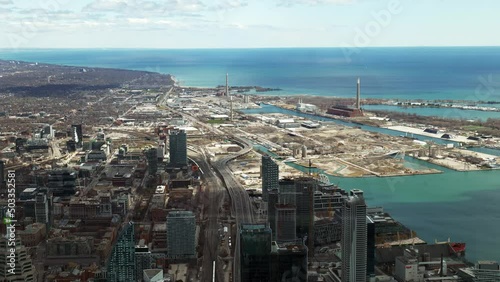 Looking east from CN Tower, downtown, harbour front, Lake Ontario, Scarborough, wide view photo