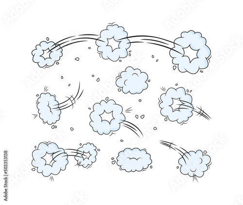 Speed vector blue clouds. Motion puff effect explosion bubble set, jumps with smoke or dust. Cartoon illustration