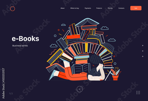 Technology Memphis - ebooks -modern flat vector concept digital illustration of a woman reading an electronic book containing a stack of printed books, metaphor. Creative landing web page template