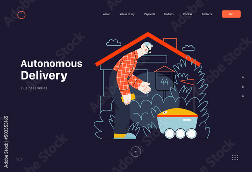 Technology Memphis - autonomous delivery -modern flat vector concept digital illustration of an elderly man inviting a last mile robot delivery truck. Creative landing web page template