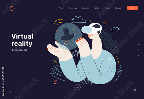 Technology Memphis - virtual reality -modern flat vector concept digital illustration of a woman wearing VR goggles headset touching a simulated bird. Creative landing web page template