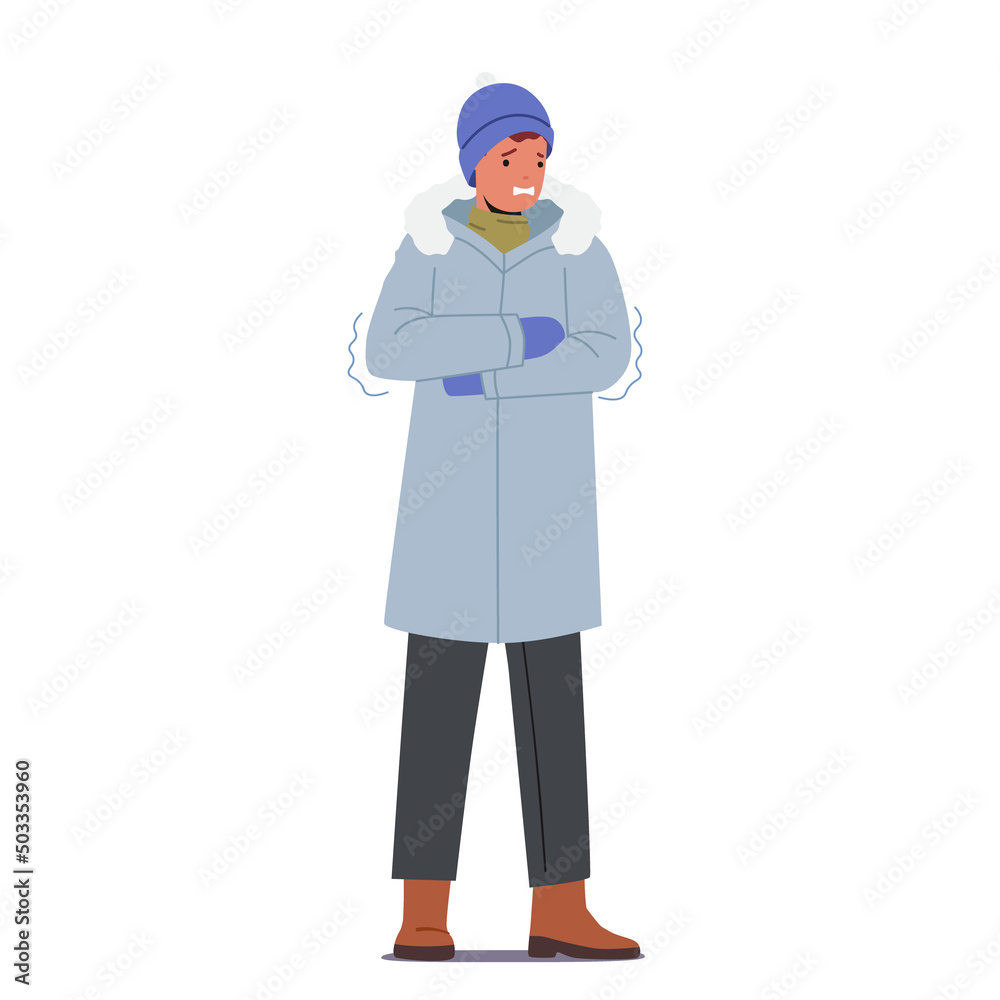 Cold Weather Concept. Freezing Male Character Wearing Warm Winter Clothes, Hat and Mittens Stand Trying to Warm Cold Weather Concept. Freezing Male Character Wearing Warm Winter Clothes, Hat and Mittens Stand Trying to Warm