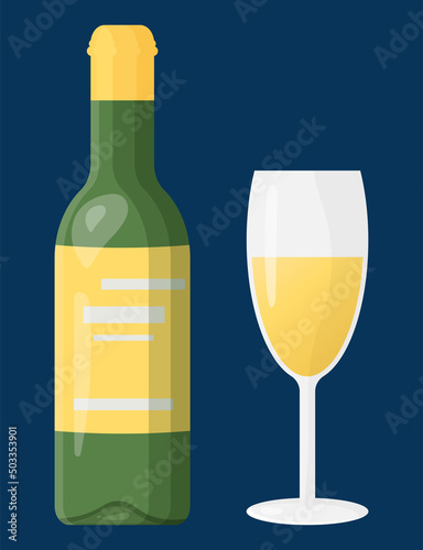 Set of a green bottle and a glass glass with white wine made from grapes. A drink for celebrating events. Vector illustration in a simple cartoon style