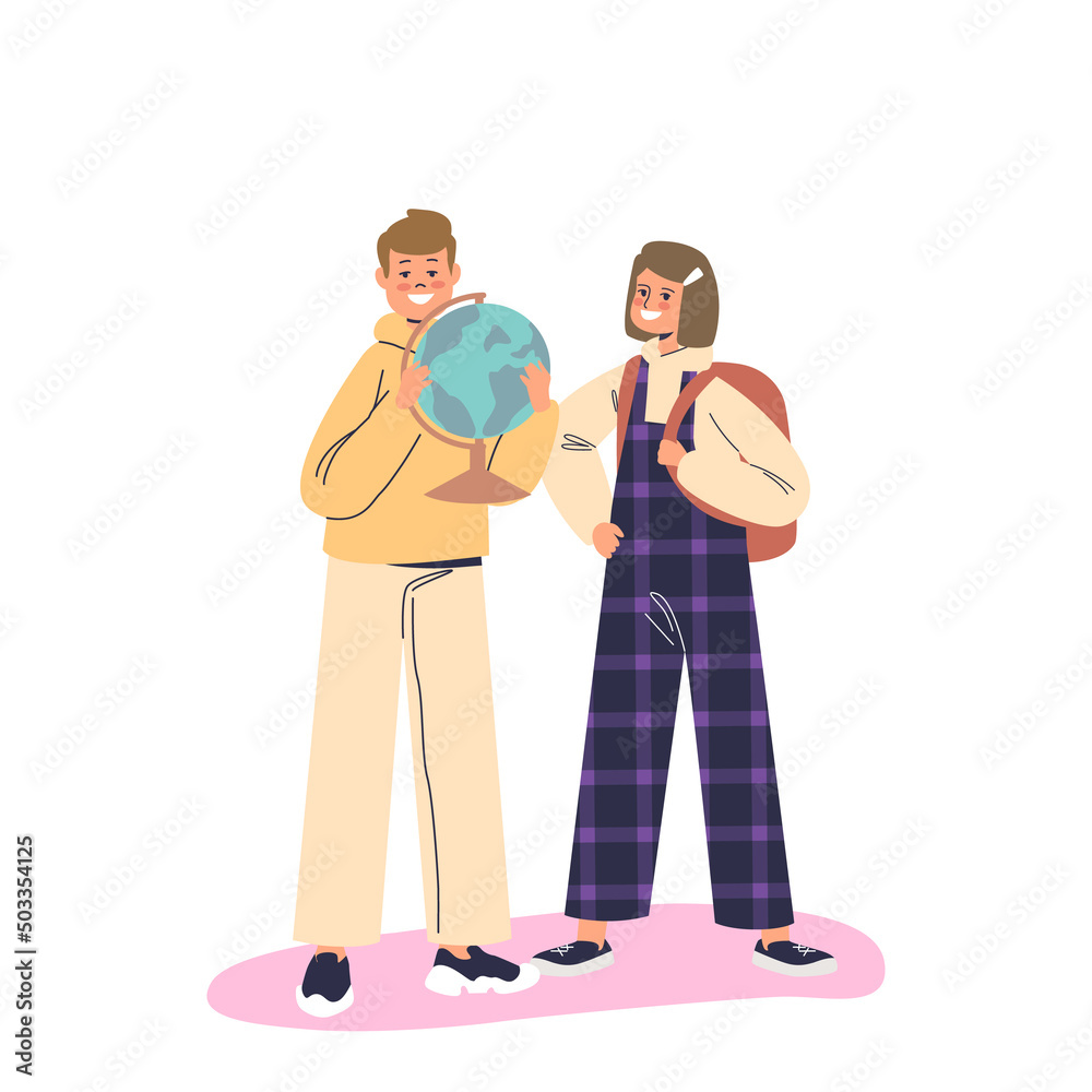 Joyful pupils with backpacks and earth globe happy smiling. Cheerful small schoolboy and schoolgirl Joyful pupils with backpacks and earth globe happy smiling. Cheerful small schoolboy and schoolgirl