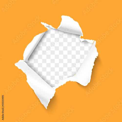 Torn paper. Ragged hole torn in ripped orange paper sheet on transparent background. Realistic vector illustration