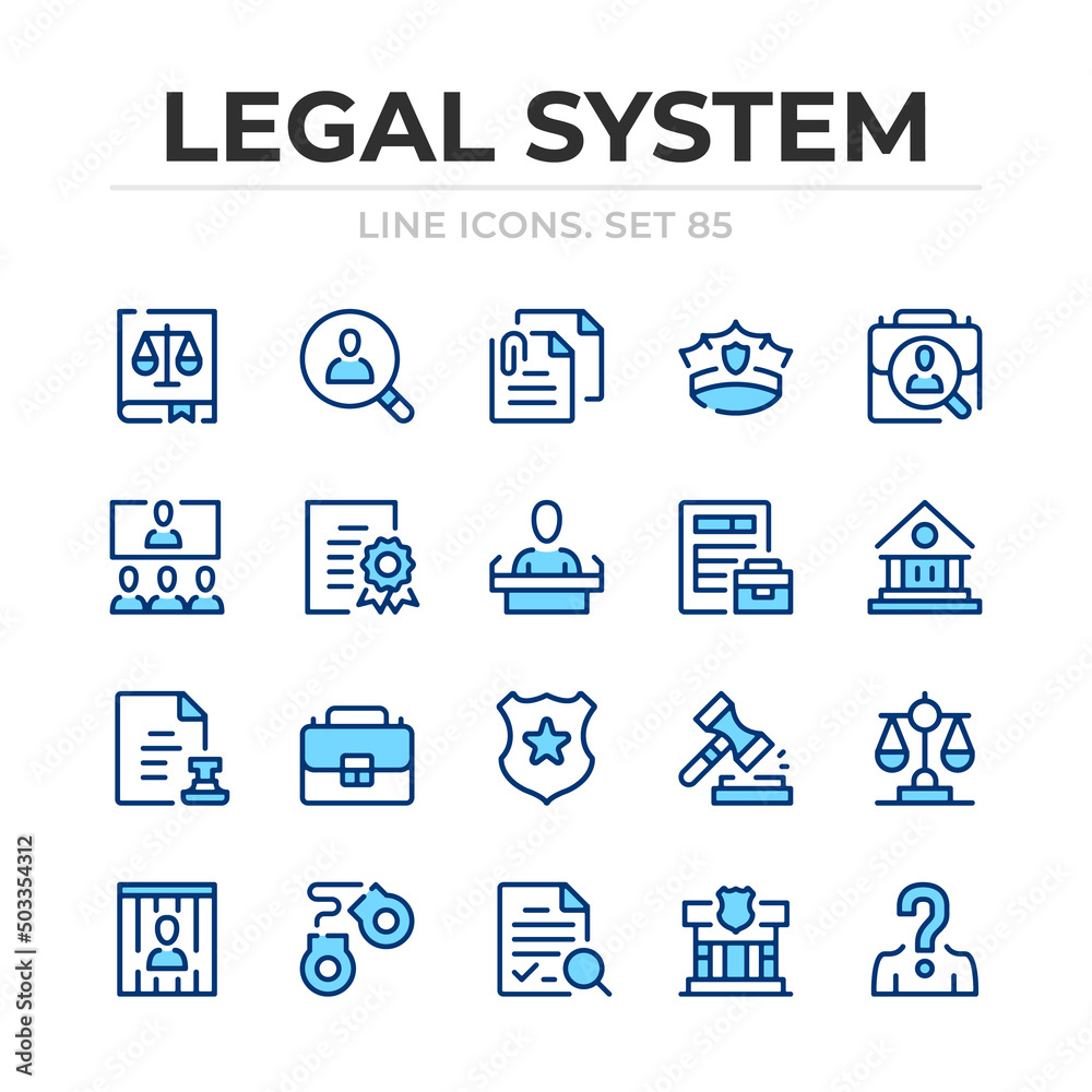 Legal system vector line icons set. Thin line design. Outline graphic elements, simple stroke symbols. Legal system icons