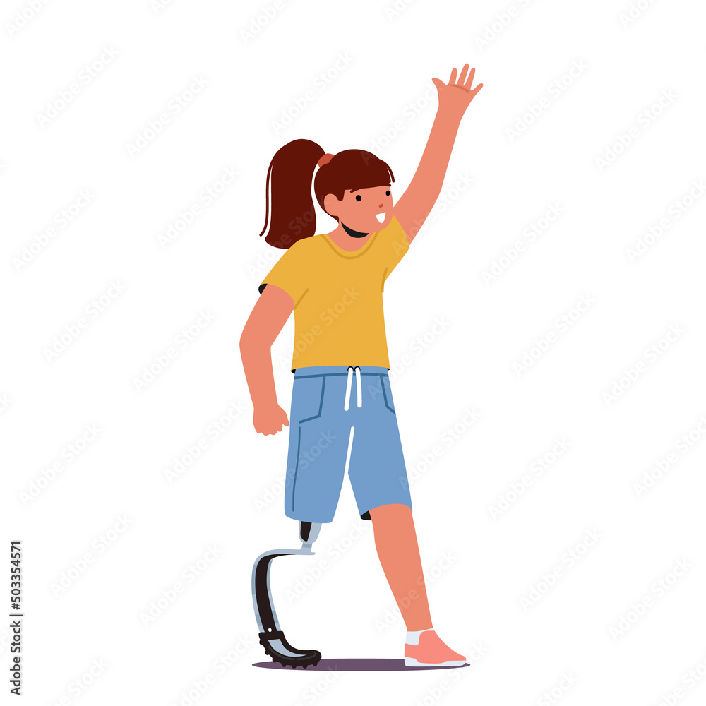 Disabled Girl with Leg Prosthesis Smiling, Waving Hand Isolated on White Background. Invalid Motivation, Handicapped Kid Disabled Girl with Leg Prosthesis Smiling, Waving Hand Isolated on White Background. Invalid Motivation, Handicapped Kid