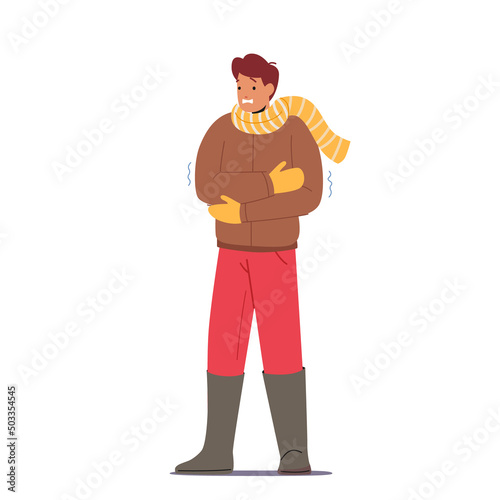 Freezing Male Character Wear Warm Winter Clothes, Scarf and Mittens Suffering of Low Minus Degrees Temperature